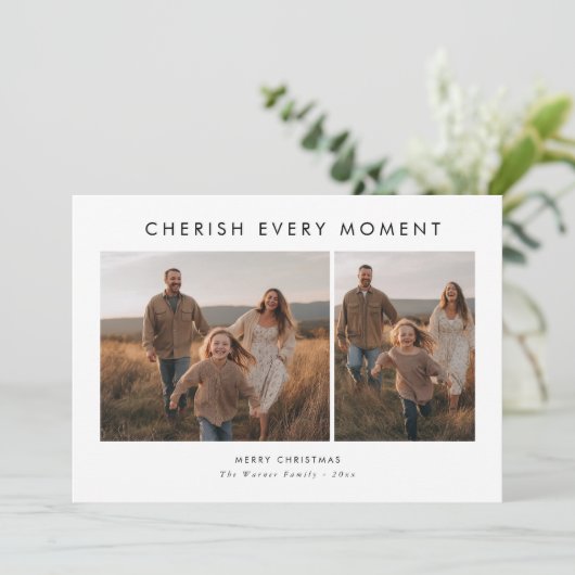 Koester elk moment moderne familiefoto Kerstmis Feestdagenkaart (Staand voorkant)