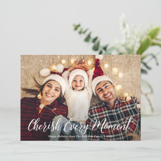 Koester elk moment Vrolijke Kerstmis Foto Feestdagenkaart (Staand voorkant)