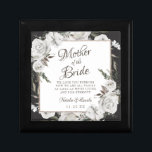 Koester Moeder van de Bruid Gepersonaliseerd Cadeaudoosje<br><div class="desc">Cherish White Bloemen & Roos Goud geschilderde Rozen en bloemen. Een klassieke en elegante look, en veel grijs, ivoorwit, Roos goud, stoffig roze, dennengroen en grijs bladeren en bladeren. Met handgeschilderde bloemelementen, klassieke scriptlettertypen en een elegante Rozen gouden glitter Folie geometrisch vierkant Lijst op een houtskool donkergrijze kleur bewerkbare achtergrond...</div>