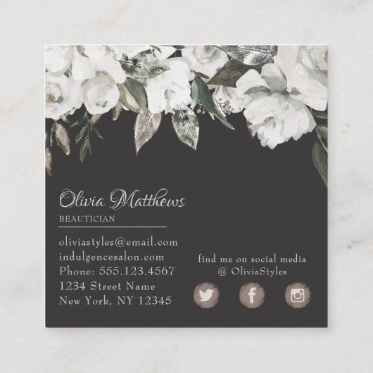 Koester Witte Bloemen & Roos Goud Ingelijst Vierkante Visitekaartje (Achterkant)