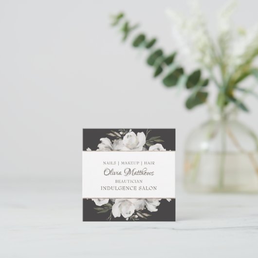  Koester Witte Bloemen & Roos Goud Ingelijst Vierkante Visitekaartje (Staand voorkant)