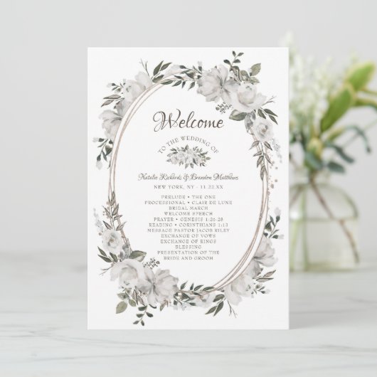 Koesteren Wit Bloemen Ovaal Bruiloft Ceremonie Programmakaart (Staand voorkant)