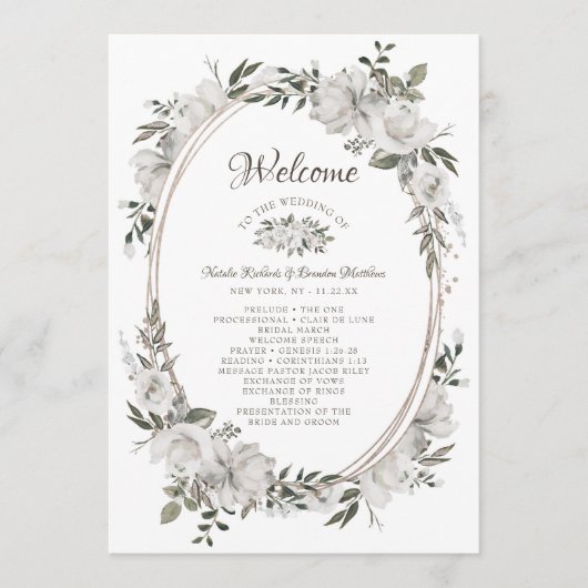 Koesteren Wit Bloemen Ovaal Bruiloft Ceremonie Programmakaart (Voorkant)