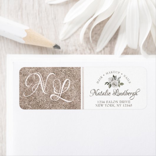 Koesteren  wit bloemmonogram adres etiket (Insitu)
