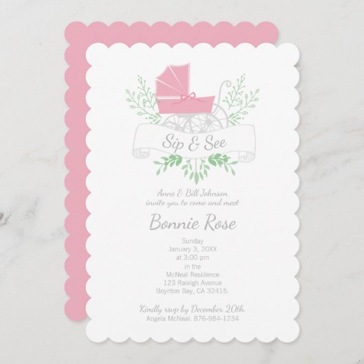 koets meisje SIP & SEE roze kinderwagen Kaart (Voorkant / Achterkant)