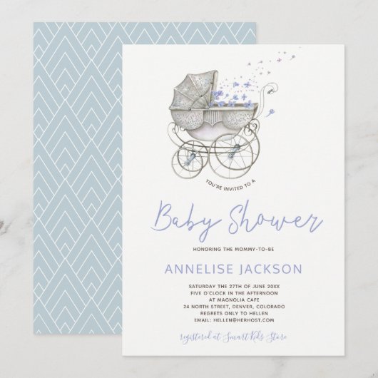  koets pastel blauw baby boy shower kaart (Voorkant / Achterkant)