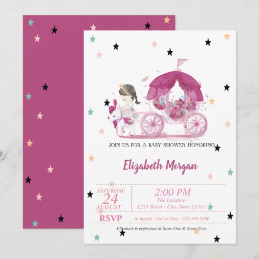 Koets, sterren, prinses babyshower kaart (Voorkant / Achterkant)
