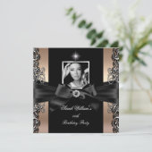 Koffee Beige Birthday Party Black Silver Foto Kaart (Staand voorkant)