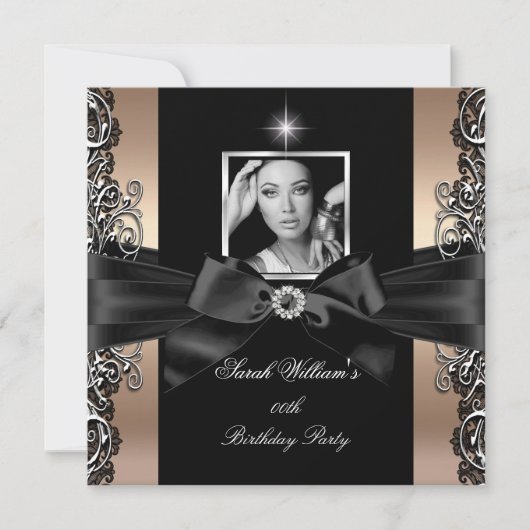 Koffee Beige Birthday Party Black Silver Foto Kaart (Voorkant)