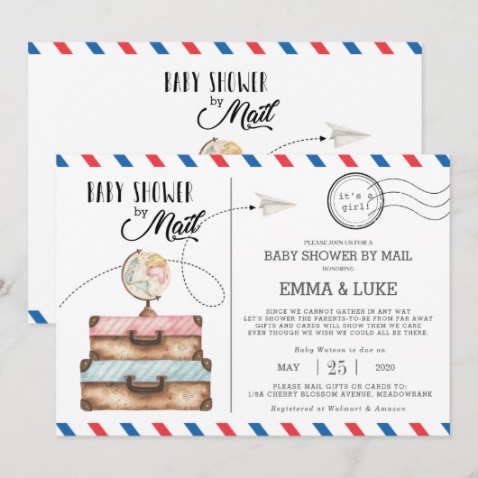  koffer Baby shower per post Lange afstand Kaart (Voorkant / Achterkant)