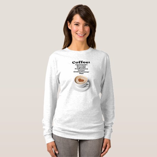 Koffie: Aficionado toegewijde fanatieke liefhebber T-shirt (Voorkant volledig)