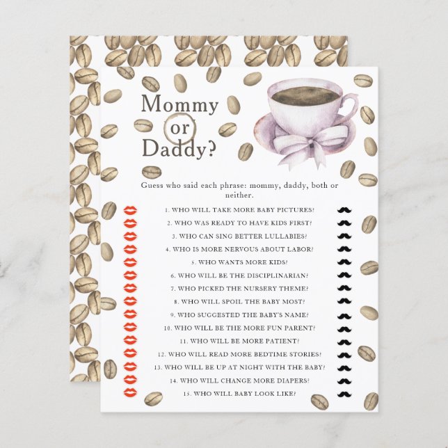 Koffie baby shower - mama of papa spel (Voorkant / Achterkant)