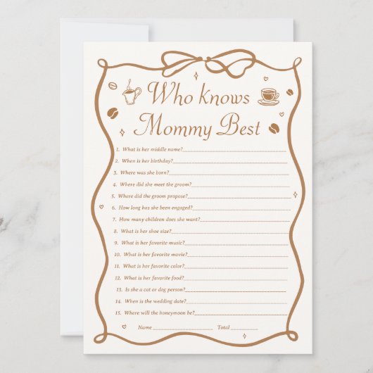 Koffie Baby shower Wie kent Mama Beste Game Kaart (Voorkant)