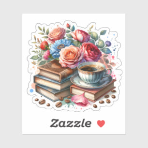  koffie, boeken en bloemen sticker