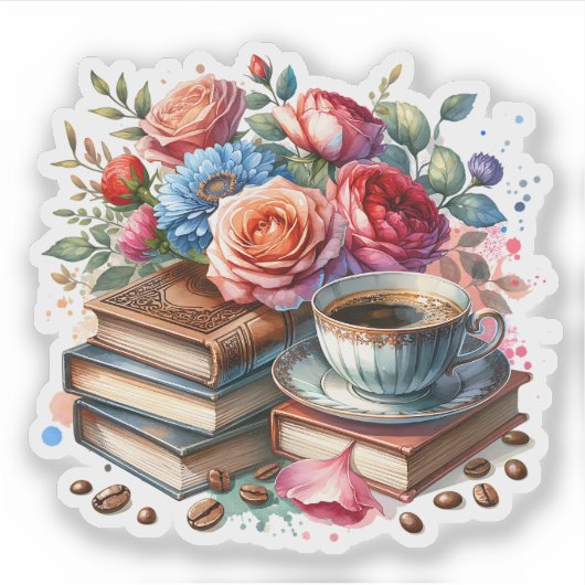  koffie, boeken en bloemen sticker (Voorkant)