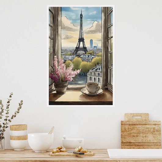 Koffie boven Paris en het Eiffeltoren Poster (Keuken)