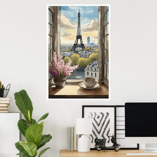 Koffie boven Paris en het Eiffeltoren Poster (Thuiskantoor)