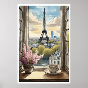 Koffie boven Paris en het Eiffeltoren Poster