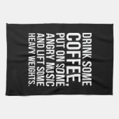 Koffie, boze muziek, zwaar gewicht - grappige uits theedoek (Horizontaal)