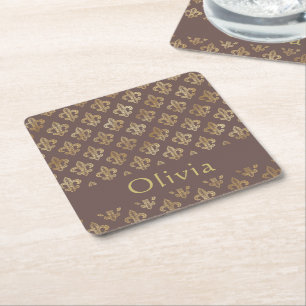 Koffie Brown & Gold Fleur De Lis gepersonaliseerd Kartonnen Onderzetters