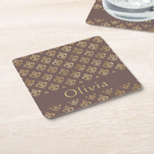 Koffie Brown & Gold Fleur De Lis gepersonaliseerd Kartonnen Onderzetters (Schuin)