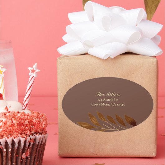 Koffie Bruin en Goud Blad Bruiloft Retouradres Ovale Sticker (Feest)