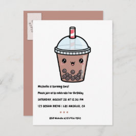 Koffie Bruin Kawaii Bubble Tea Verjaardagsfeestje Briefkaart