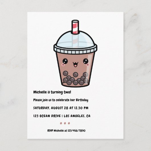Koffie Bruin Kawaii Bubble Tea Verjaardagsfeestje Briefkaart (Voorkant)