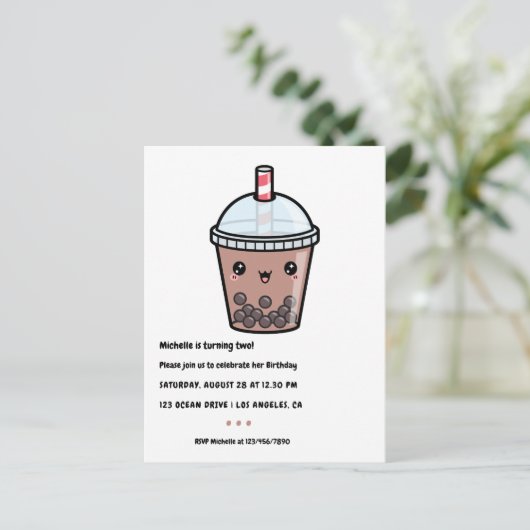 Koffie Bruin Kawaii Bubble Tea Verjaardagsfeestje Briefkaart (Staand voorkant)