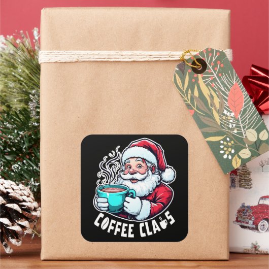 Koffie Claus Kerstman Heet Drankje Vierkante Sticker (Feestdagen)