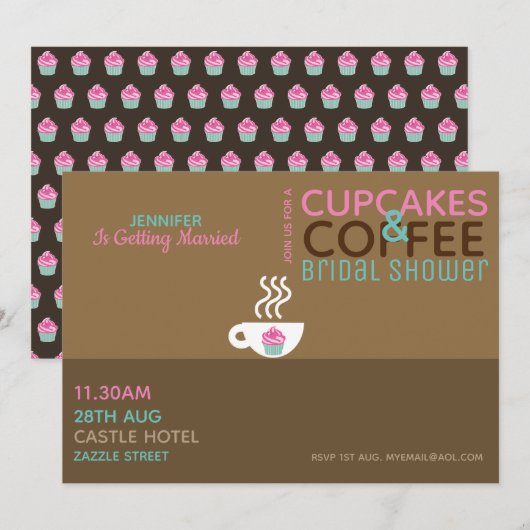 KOFFIE CUPCAKT Bridal Shower Invitation Pink Choc Kaart (Voorkant / Achterkant)