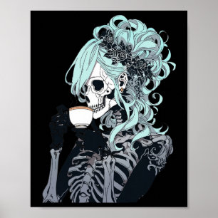 Koffie Drink Skelet Messy Bun Halloween Costu Poster