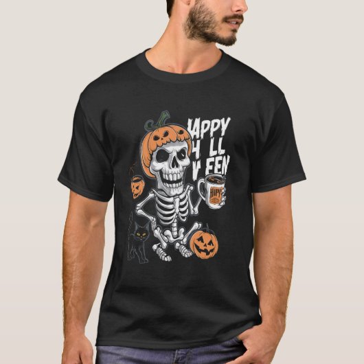 Koffie Drink Skelet Pompoen Halloween Kostuum T-shirt (Voorkant)