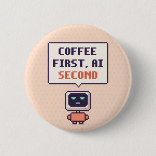 Koffie eerst, AI tweede Grappige AI Pixel Knop Ronde Button 5,7 Cm