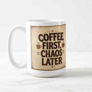 Koffie eerst, chaos later – Retro grappige quote o Koffiemok