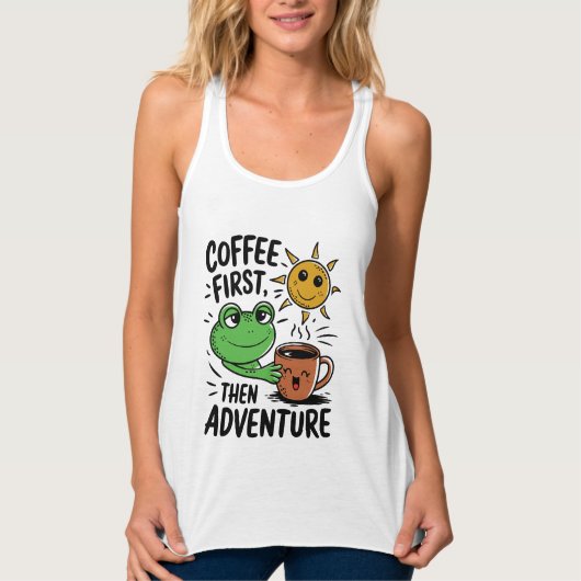 Koffie eerst dan avontuur - Schattigee kikkermorge Tanktop (Voorkant)
