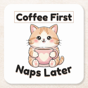 Koffie eerst, dutjes later Schattige Kat Kawaii Kartonnen Onderzetters