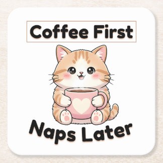 Koffie eerst, dutjes later Schattige Kat | Kawaii Kartonnen Onderzetters