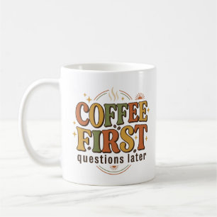 Koffie eerst vragen later Retro 70s typografie Koffiemok