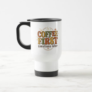 Koffie eerst vragen later Retro 70s typografie Reisbeker