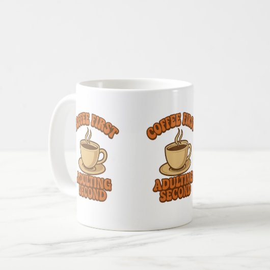 Koffie eerste volwassen tweede quote humor koffiemok (Voorkant links)