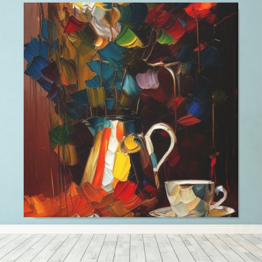 Koffie en bloemen Abstracte olieverf Canvas Afdruk (Insitu (Houten vloer))