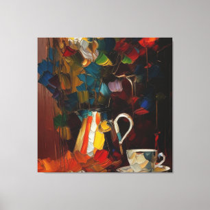 Koffie en bloemen Abstracte olieverf Canvas Afdruk