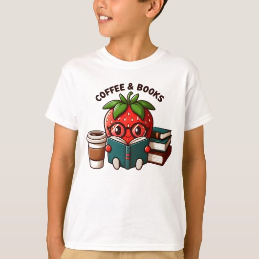 Koffie en boeken - Schattigee Strawberry Character T-shirt (Voorkant)