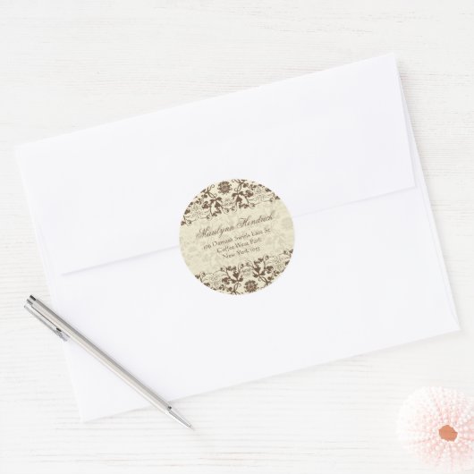 Koffie- en Cream  Damask-logo — Retouradres Ronde Sticker (Envelop)
