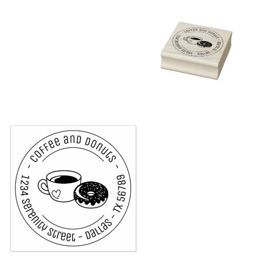 Koffie- en Donut Business Round-adres Rubberstempel (Gestempeld)