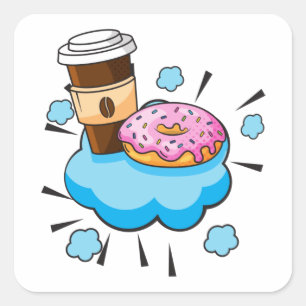 Koffie en Donut Retro Illustratie Vierkante Sticker