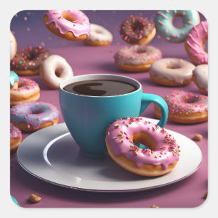 Koffie en donuts vierkante sticker