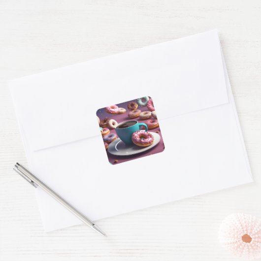 Koffie en donuts vierkante sticker (Envelop)