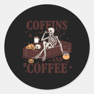Koffie en grappig skelet Halloween Ronde Sticker